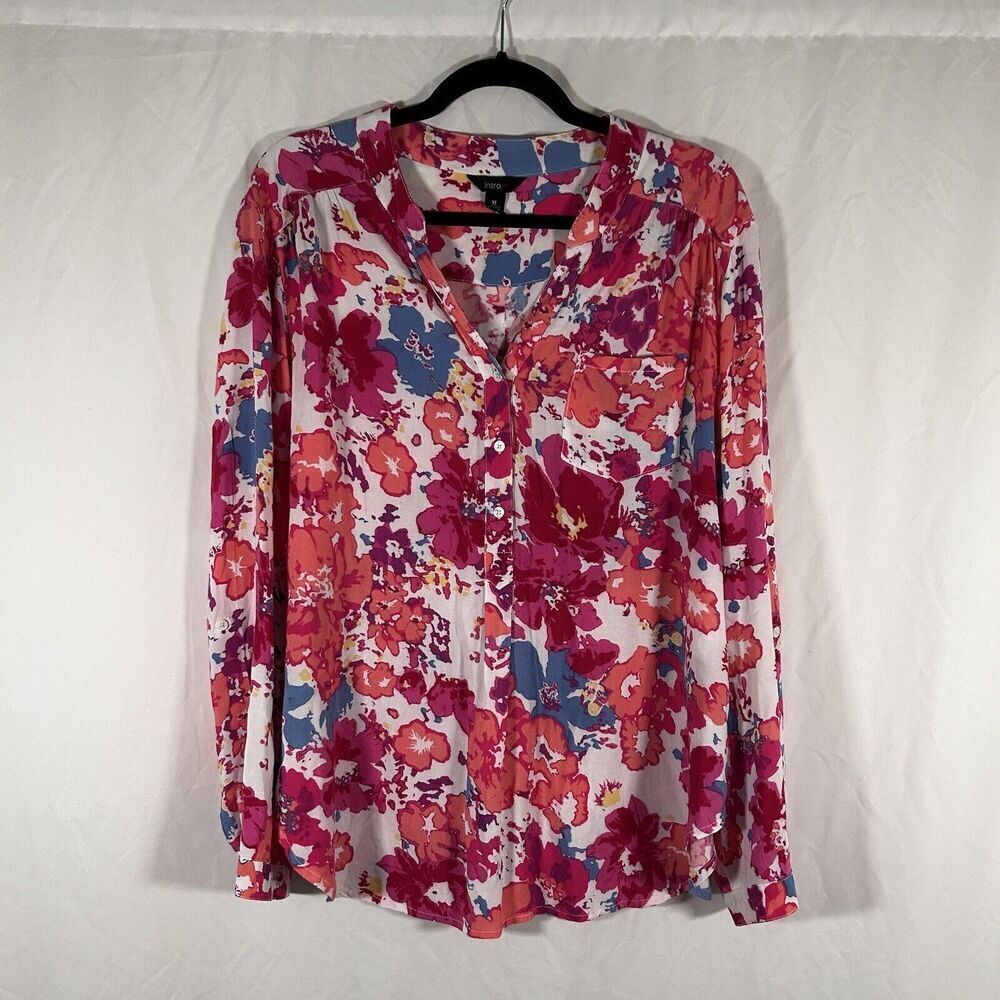 intro Blouse Women's XL Pink Orange Floral 1/2 Button Long Sleeve Vneck